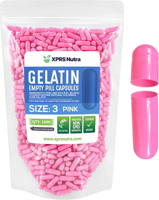 1000 Count Empty Gelatin Capsules for DIY Capsule Filling - Pure Bovine Pill Capsules - XPRS Nutra Size 3 Empty Capsules in Pink