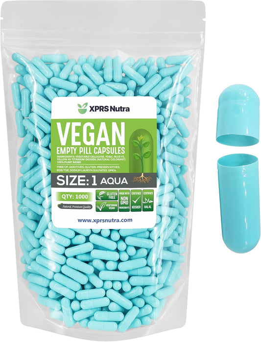 1000 Count Empty Vegan Capsules for DIY Vegetable Capsule Filling - XPRS Nutra Size 1 Aqua Vegetarian Empty Pill Capsules
