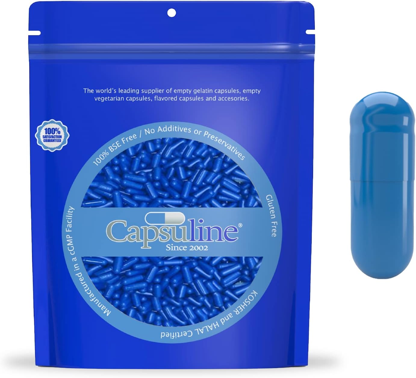 1000 Count Size 0 Capsuline Gelatin Capsules with Unique Lock Technology, Kosher Certified & Gluten Free - DIY Empty Bovine Gel Capsules - Blue/White