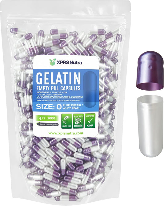 1000 Count Size 0 Empty Gelatin Capsules for DIY Capsule Filling - Bovine Pill Capsules in Pearl Purple/White - XPRS Nutra