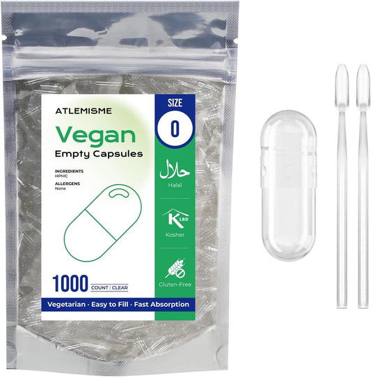 1000 Count Size 0 Vegan Empty Capsules for DIY Vegetable Filling with Micro Lab Spoons