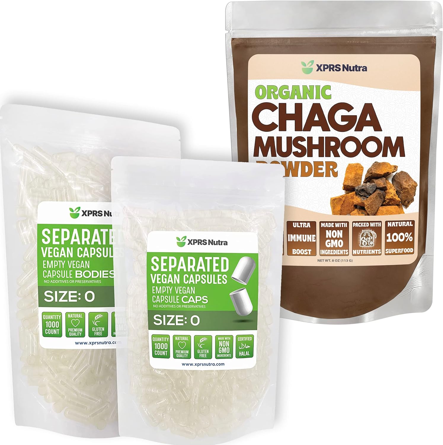1000 Count Size 0 XPRS Nutra Capsules with 8 Ounce Chaga Powder Bundle