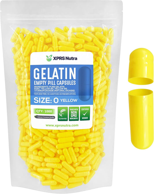 1000 Count Size 0 Yellow Empty Gelatin Capsules for DIY Capsule Filling with Pure Bovine Gel Caps - XPRS Nutra