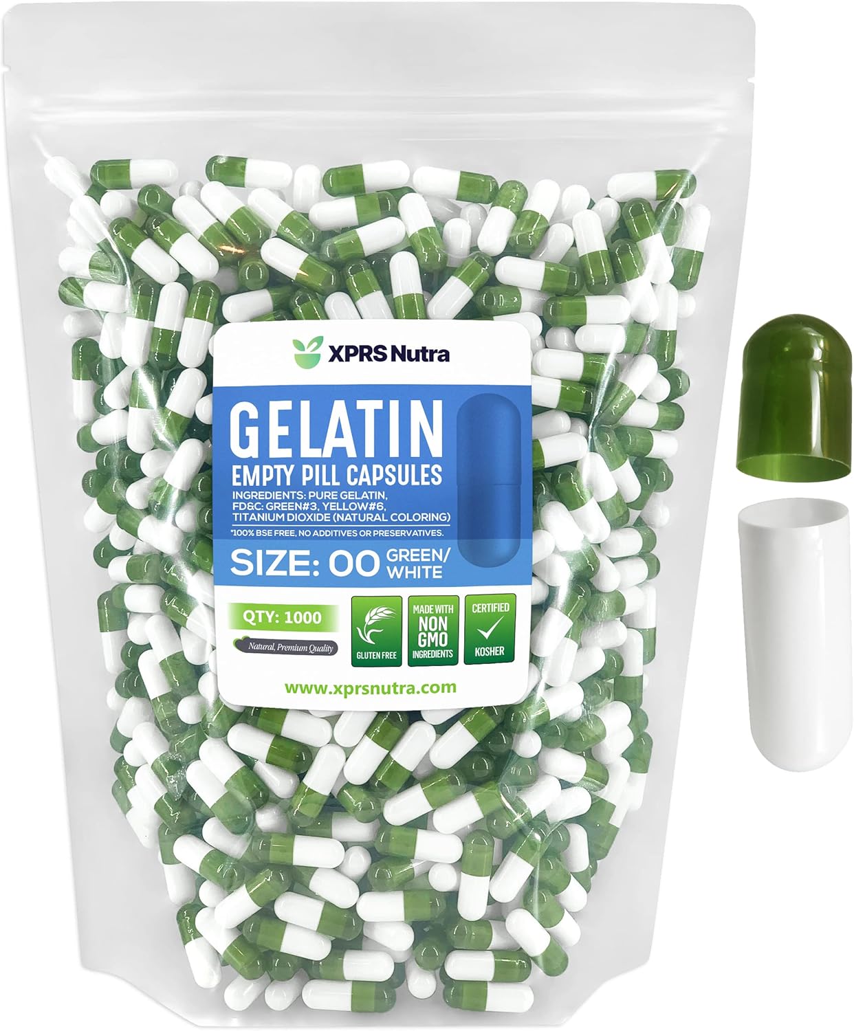 1000 Count Size 00 Empty Gelatin Capsules for DIY Capsule Filling - Fillable Pill Capsules - Green/White Empty Gel Caps