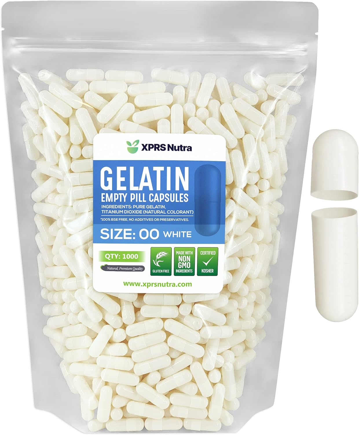 1000 Count Size 00 Empty Gelatin Capsules for DIY Capsule Filling - Fillable Pill Capsules - White Empty Caps