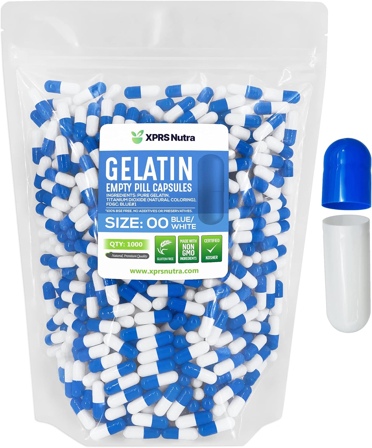 1000 Count Size 00 Empty Gelatin Capsules for DIY Capsule Filling - Fillable Blue/White Pill Caps