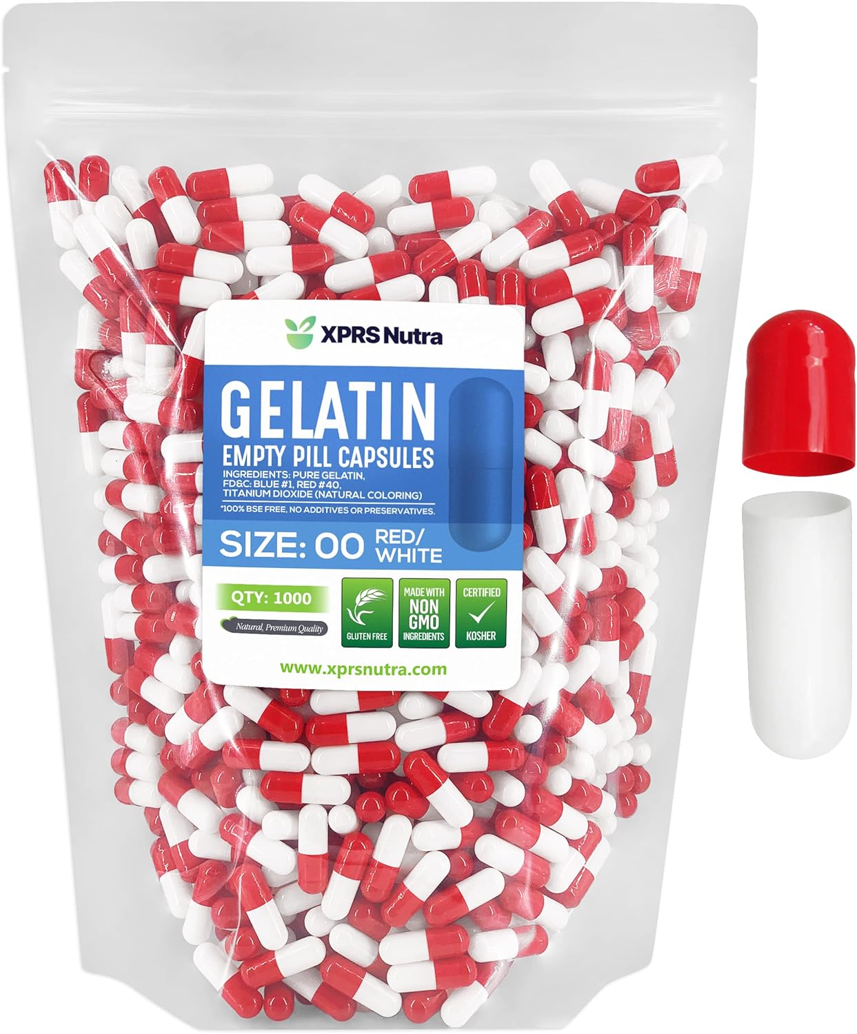 1000 Count Size 00 Red/White Empty Gelatin Capsules for DIY Filling