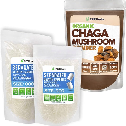 1000 Count Size 000 XPRS Nutra Capsules and 8 Ounce Chaga Powder Bundle