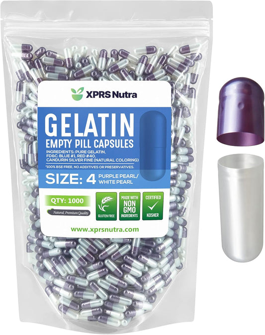 1000 Count Small Empty Gelatin Capsules for DIY Capsule Filling - Bovine Gel Caps in Pearl Purple/White Color