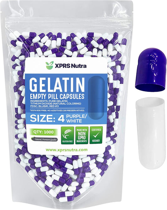 1000 Count Small Empty Gelatin Capsules for DIY Capsule Filling - Bovine Pill Capsules (Purple/White) - XPRS Nutra Size 4 Empty Capsules
