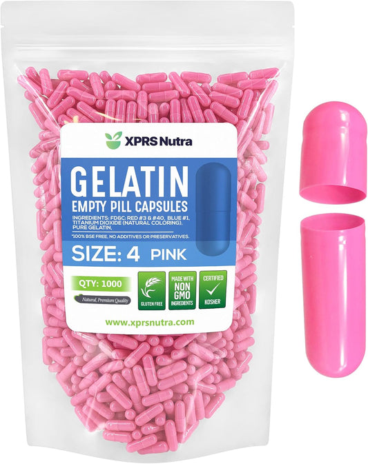 1000 Count Small Empty Pink Gelatin Capsules for DIY Capsule Filling - Bovine Gel Caps for Supplements - Size 4 Empty Pill Capsules