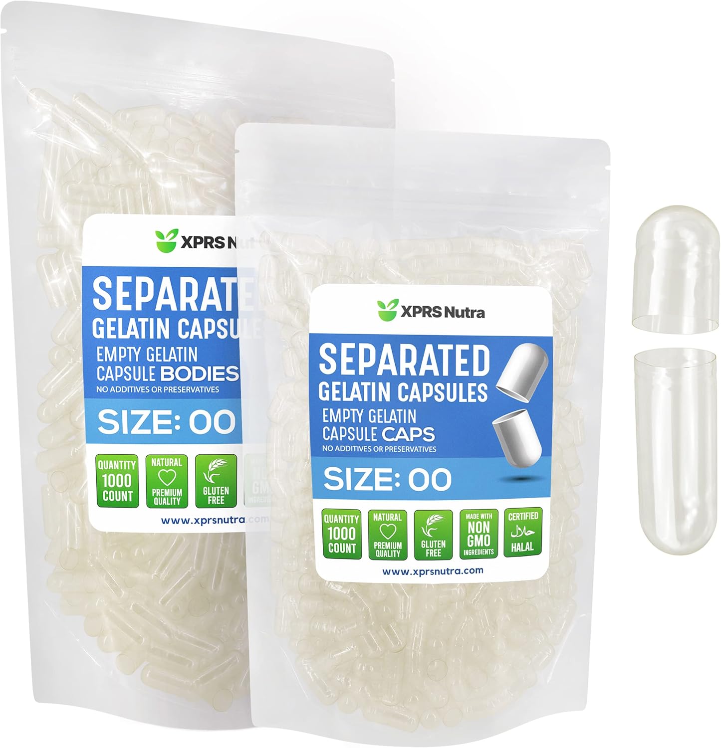 1000 Count XPRS Nutra Gelatin Size 00 Separated Empty Capsules in Bags for DIY Pill Making