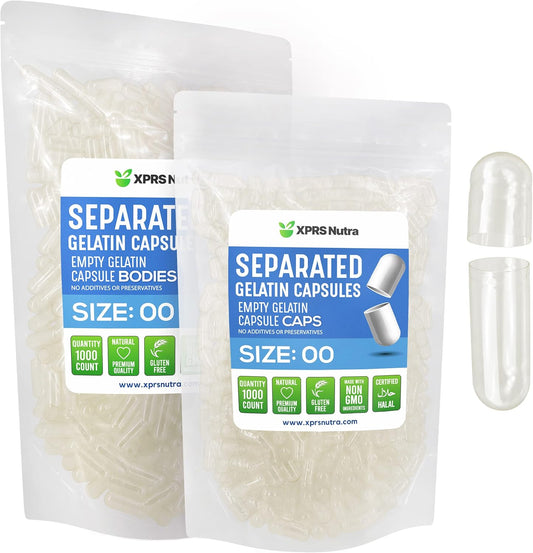 1000 Count XPRS Nutra Gelatin Size 00 Separated Empty Capsules in Bags for DIY Pill Making