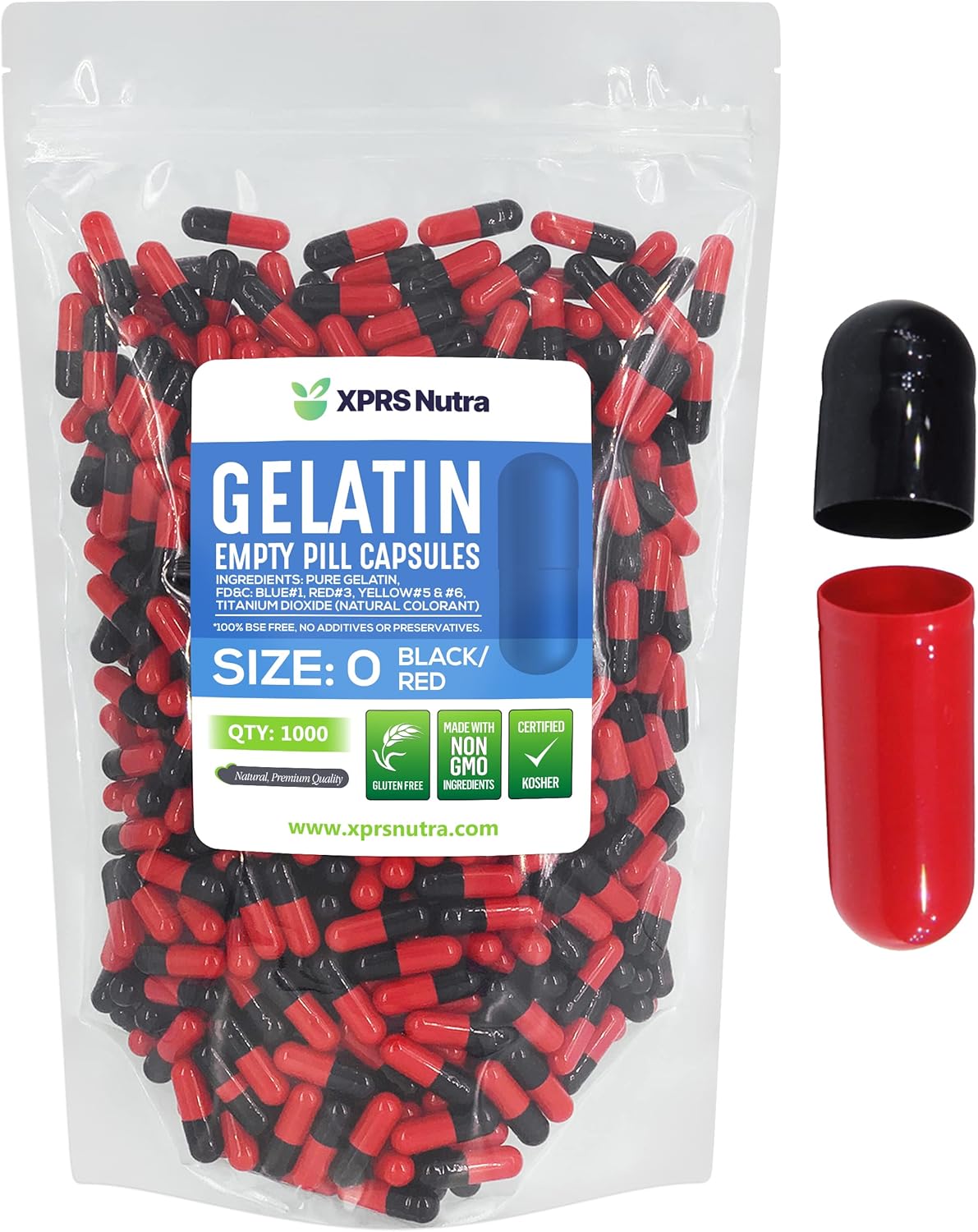 1000 Count XPRS Nutra Size 0 Empty Gelatin Capsules for DIY Capsule Filling - Pure Bovine Pill Caps (Black/Red)