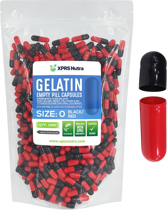 1000 Count XPRS Nutra Size 0 Empty Gelatin Capsules for DIY Capsule Filling - Pure Bovine Pill Caps (Black/Red)