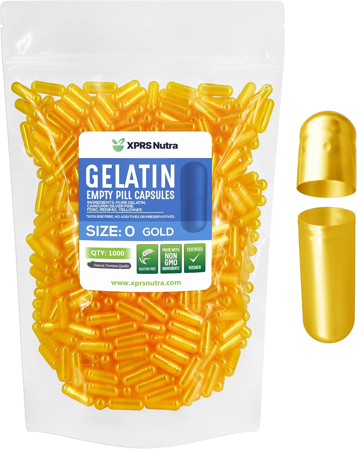 1000 Count XPRS Nutra Size 0 Empty Gelatin Capsules for DIY Capsule Filling - Pure Bovine Pill Capsules (Gold)