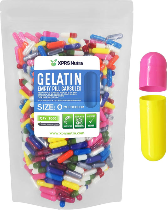 1000 Count XPRS Nutra Size 0 Empty Gelatin Capsules for DIY Capsule Filling - Bovine Pill Capsules Multi Color