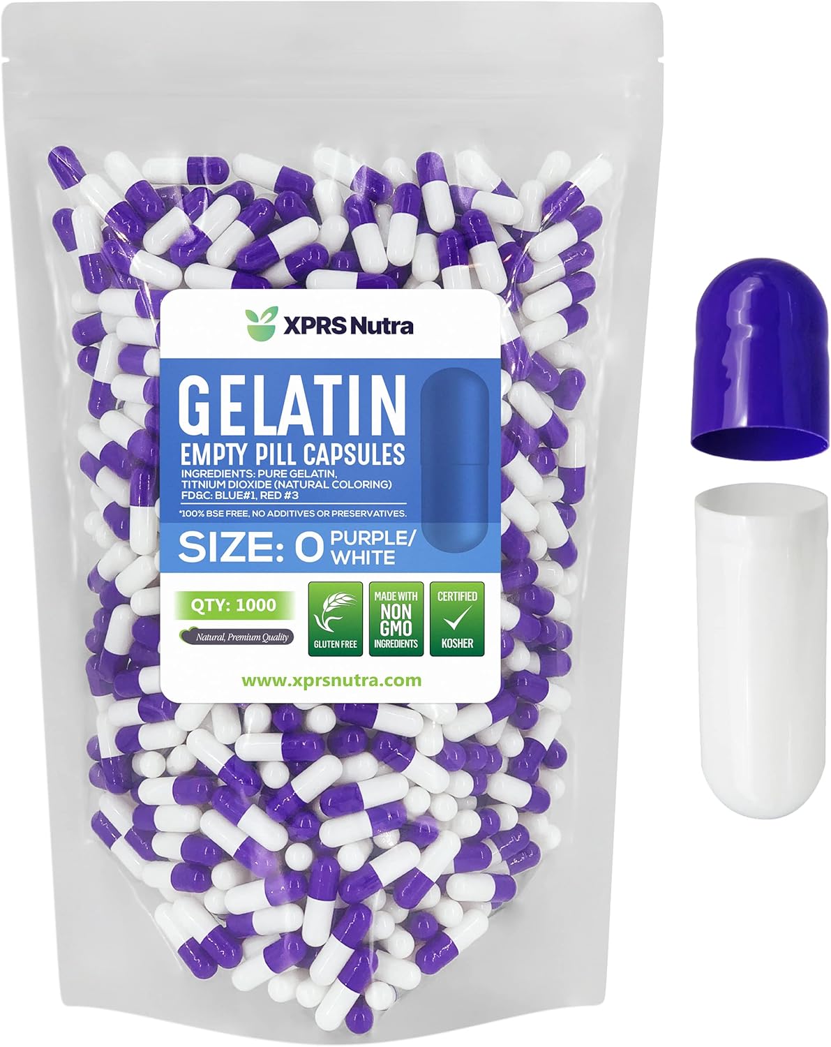 1000 Count XPRS Nutra Size 0 Empty Gelatin Capsules for DIY Capsule Filling - Pure Bovine Purple/White Pill Caps