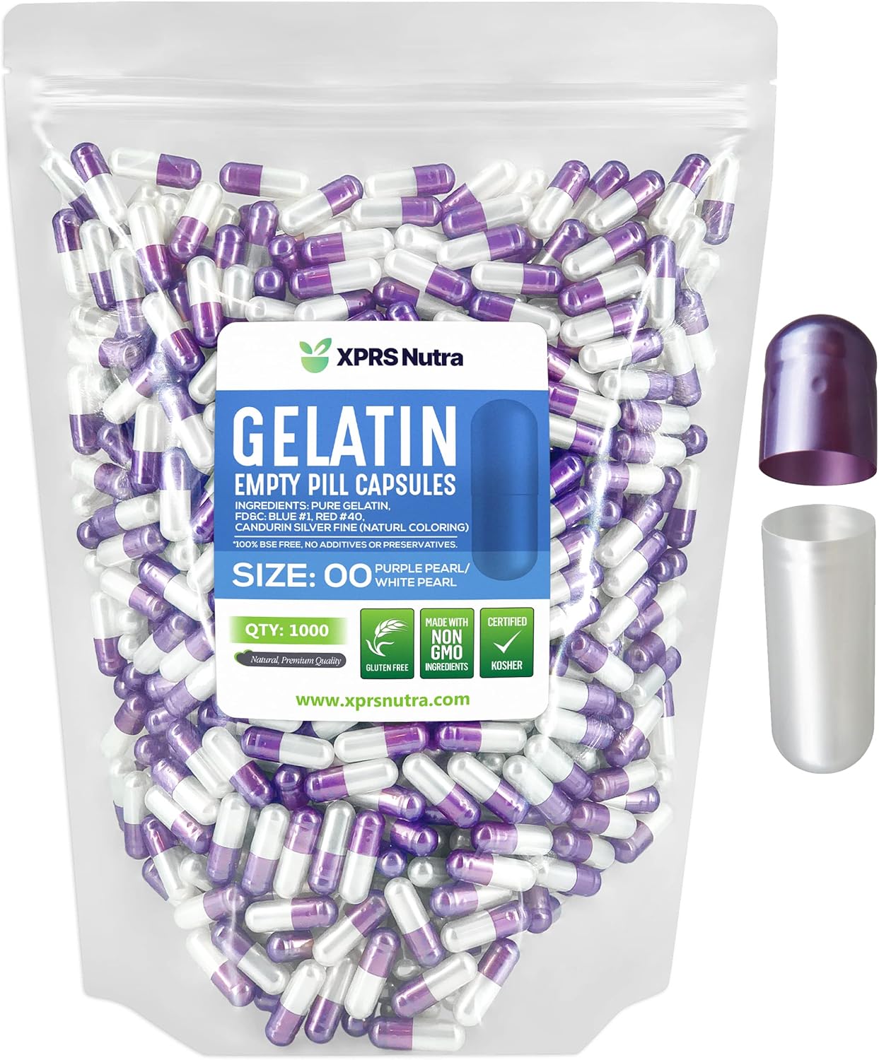 1000 Count XPRS Nutra Size 00 Empty Gelatin Capsules for DIY Capsule Filling - Fillable Pill Capsules in Pearl Purple/White