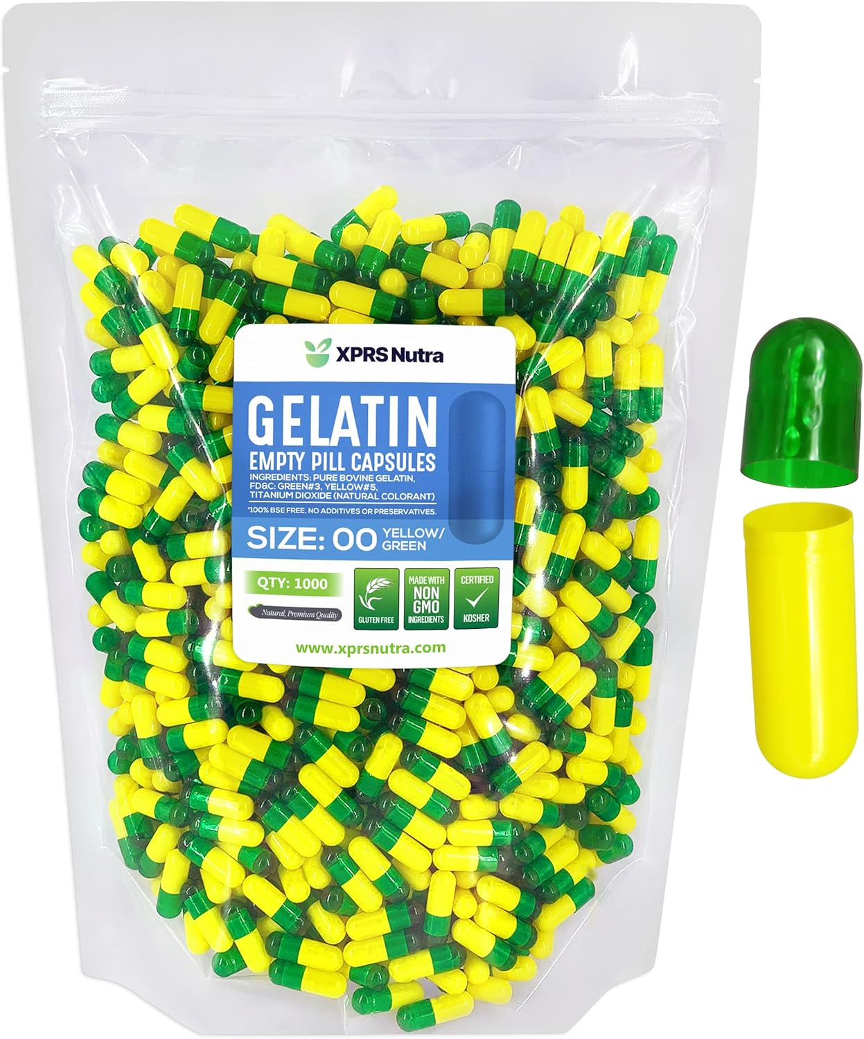 1000 Count XPRS Nutra Size 00 Empty Gelatin Capsules for DIY Capsule Filling - Fillable Pill Capsules in Green/Yellow