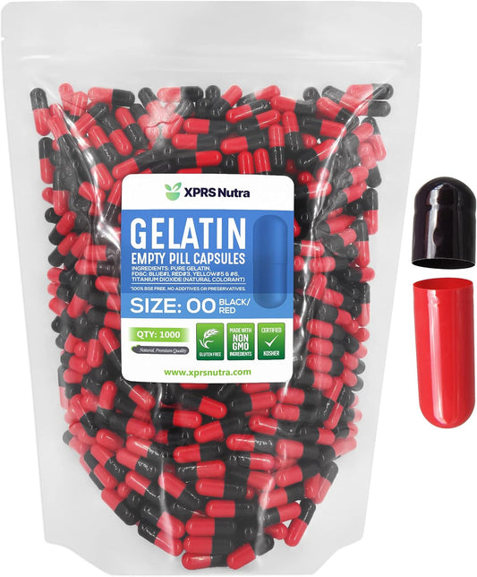 1000 Count XPRS Nutra Size 00 Empty Gelatin Capsules for DIY Capsule Filling - Black/Red Fillable Pill Caps