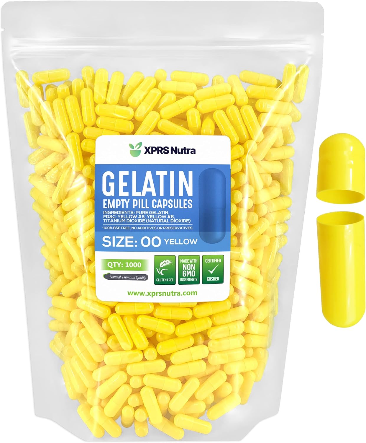 1000 Count XPRS Nutra Size 00 Yellow Empty Gelatin Capsules for DIY Capsule Filling