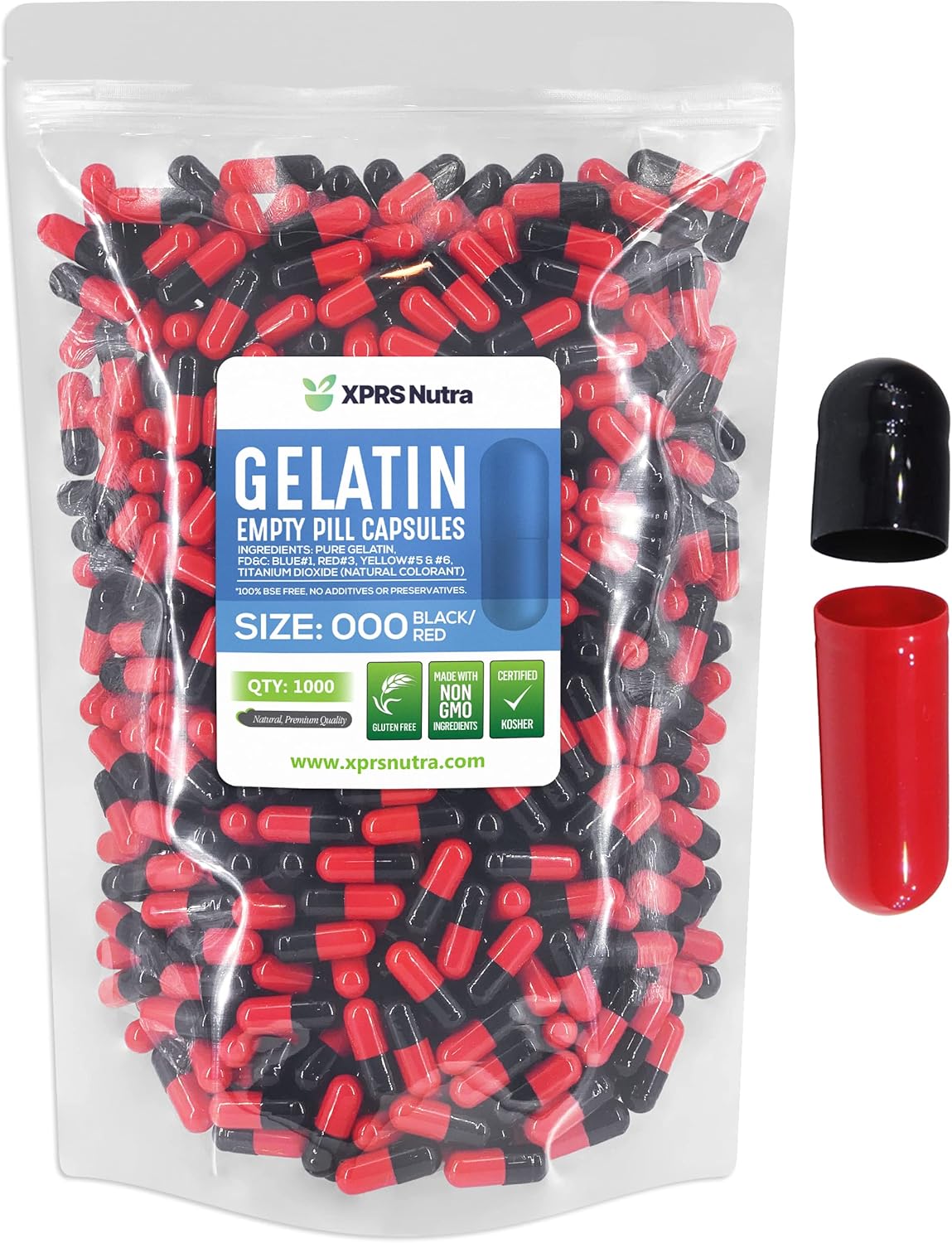 1000 Count XPRS Nutra Size 000 Empty Gelatin Capsules for DIY Supplement Filling - Red/Black Color Gel Caps Pills