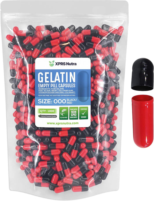 1000 Count XPRS Nutra Size 000 Empty Gelatin Capsules for DIY Supplement Filling - Red/Black Color Gel Caps Pills