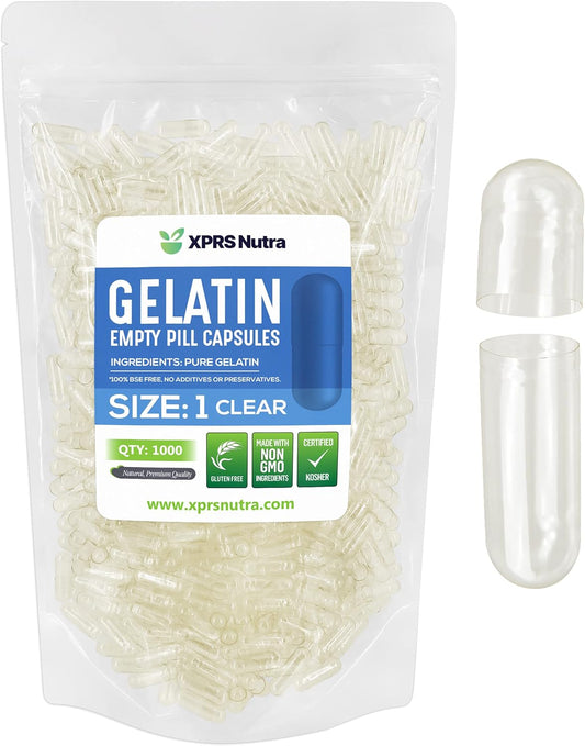 1000 Count XPRS Nutra Size 1 Clear Empty Gelatin Capsules for DIY Capsule Filling - Pure Bovine Pill Capsules