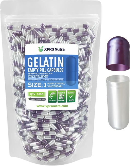 1000 Count XPRS Nutra Size 1 Empty Gelatin Capsules for DIY Capsule Filling - Pure Bovine Pill Capsules - Pearl Purple/White