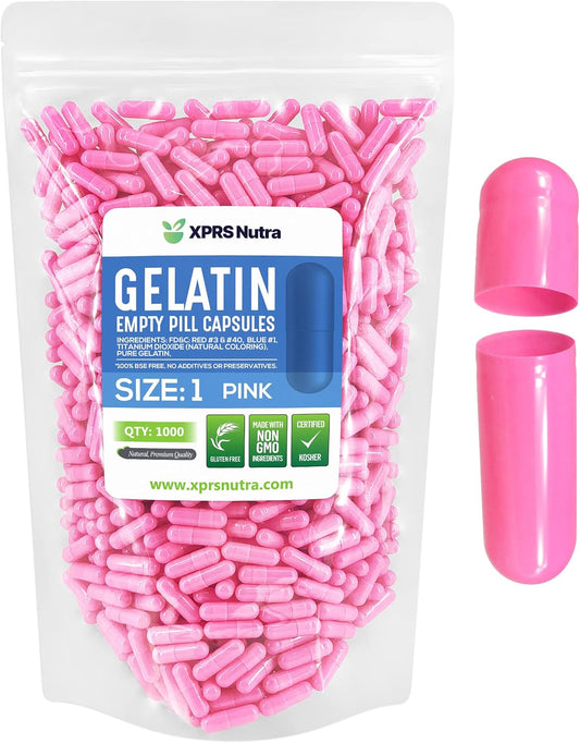 1000 Count XPRS Nutra Size 1 Empty Gelatin Capsules for DIY Capsule Filling - Pure Bovine Pill Capsules Empty Gel Caps - Pink