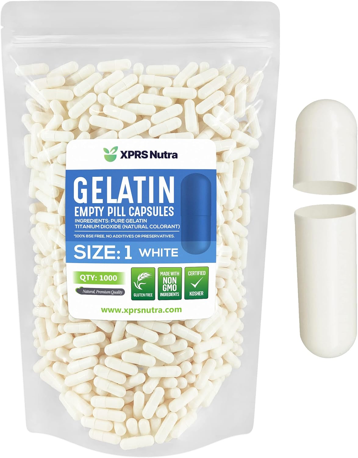 1000 Count XPRS Nutra Size 1 Empty Gelatin Capsules for DIY Capsule Filling - Pure Bovine Pill Capsules (White)