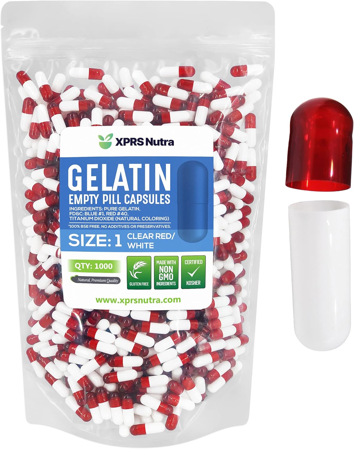 1000 Count XPRS Nutra Size 1 Empty Gelatin Capsules for DIY Capsule Filling - Clear Red/White Bovine Pill Caps