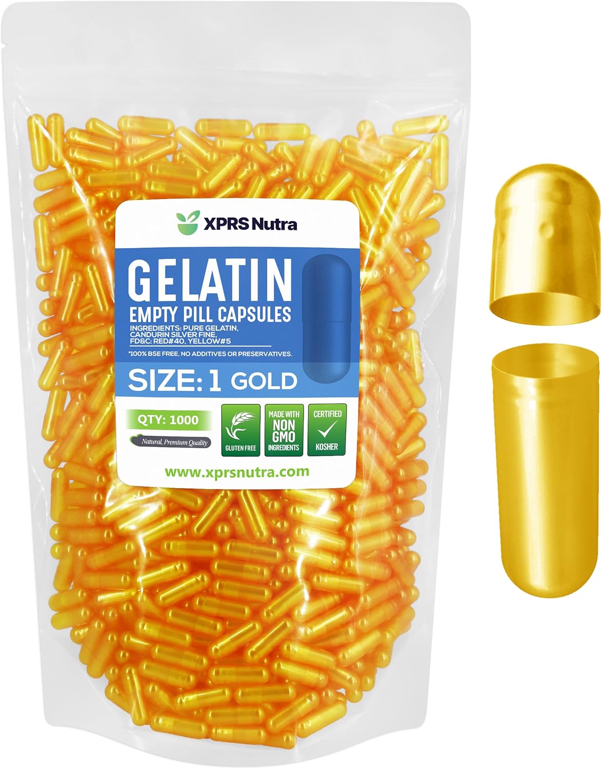 1000 Count XPRS Nutra Size 1 Empty Gelatin Capsules for DIY Capsule Filling - Pure Bovine Gel Caps (Gold)