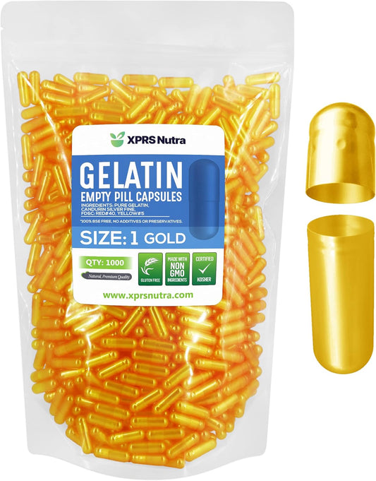 1000 Count XPRS Nutra Size 1 Empty Gelatin Capsules for DIY Capsule Filling - Pure Bovine Gel Caps (Gold)