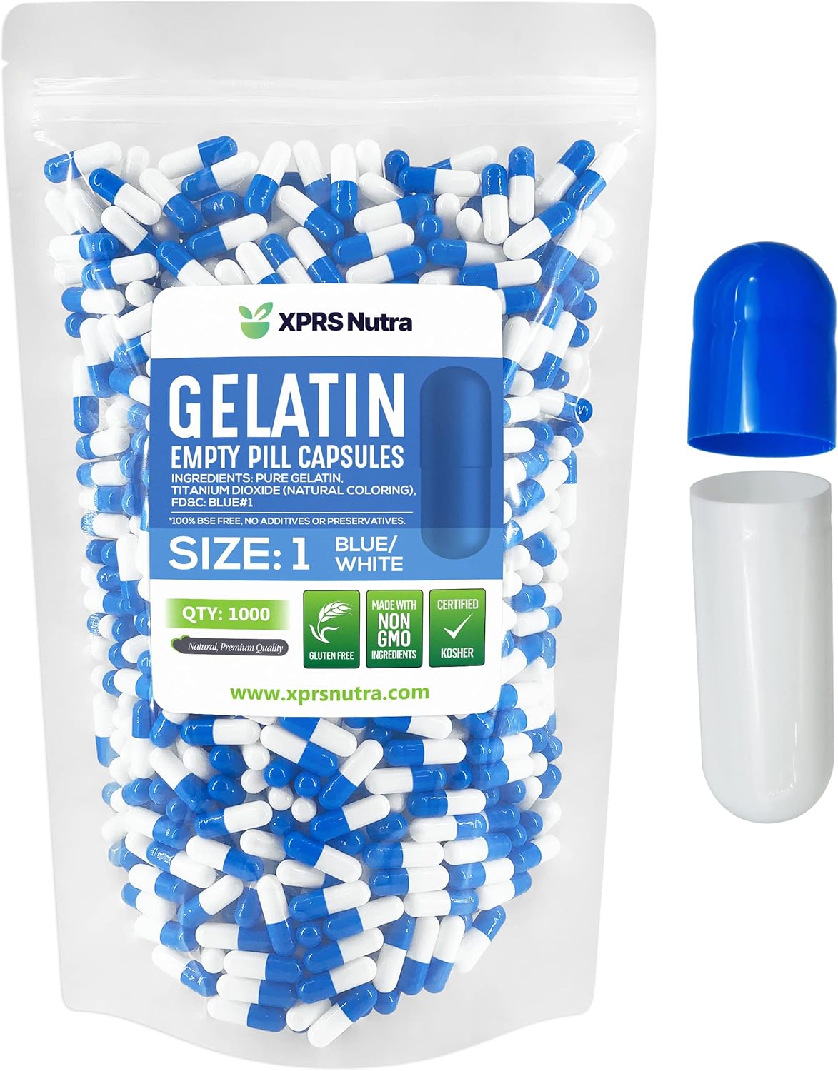 1000 Count XPRS Nutra Size 1 Empty Gelatin Capsules for DIY Capsule Filling - Pure Bovine Pill Capsules (Blue/White)