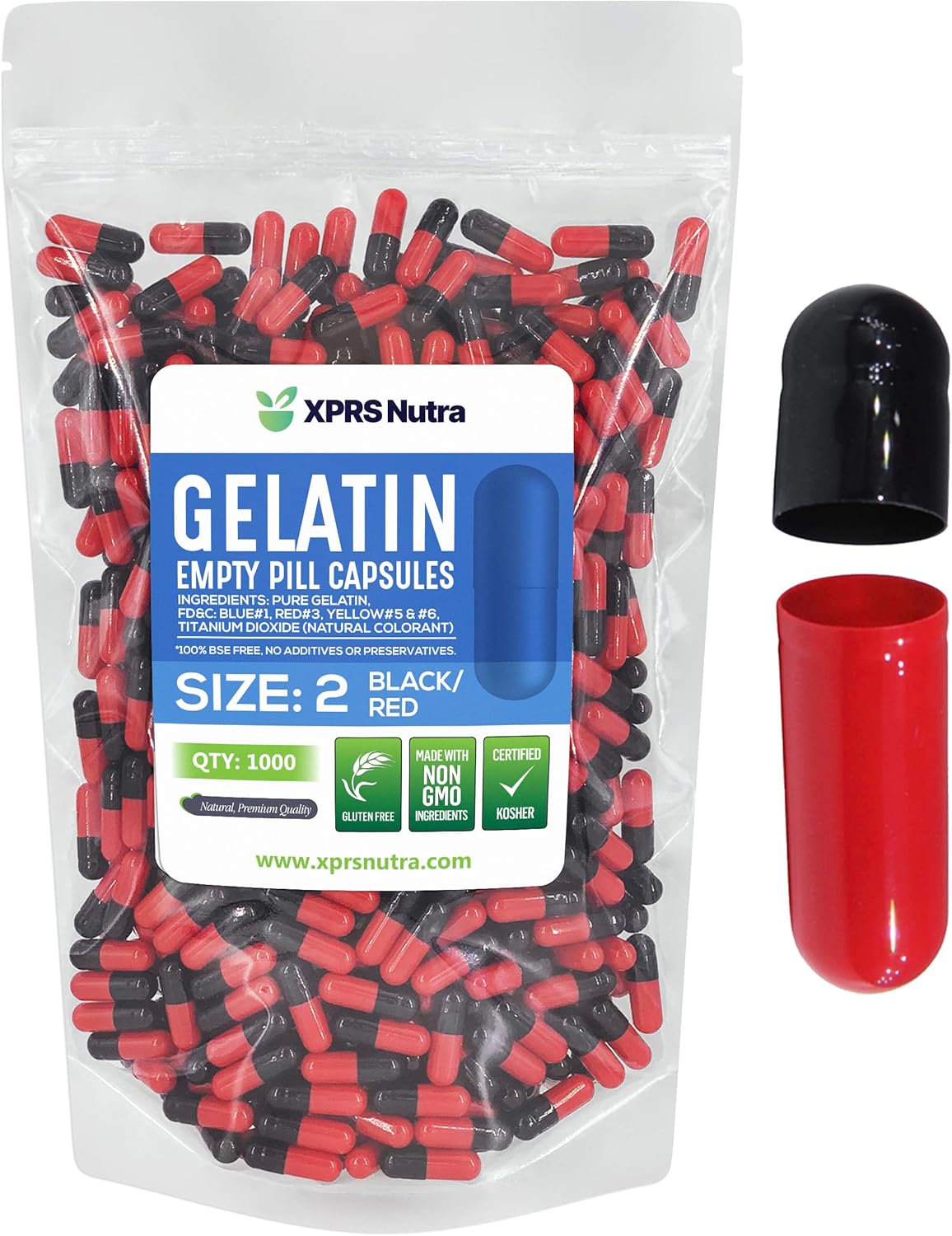 1000 Count XPRS Nutra Size 2 Empty Gelatin Capsules for DIY Capsule Filling - Pure Bovine Pill Capsules (Black/Red)
