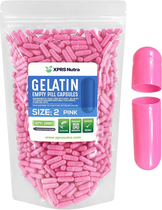 1000 Count XPRS Nutra Size 2 Empty Gelatin Capsules for DIY Capsule Filling - Pink Bovine Pill Caps