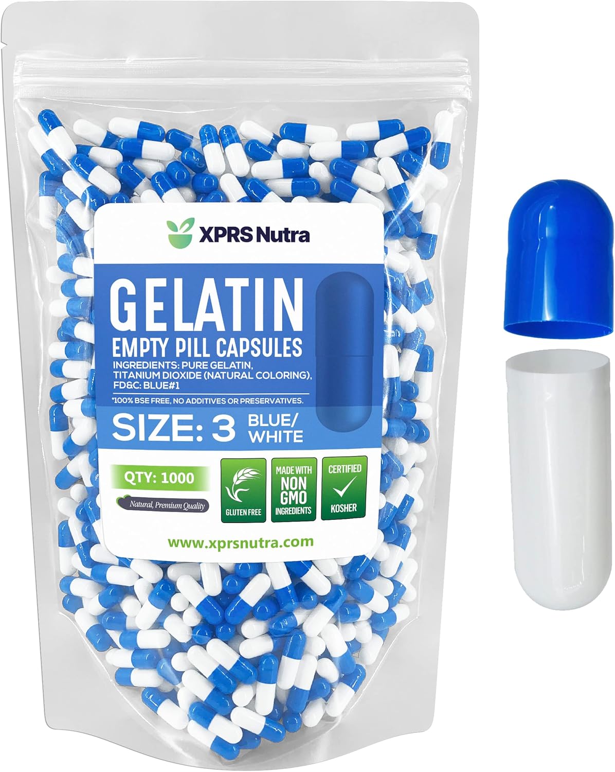 1000 Count XPRS Nutra Size 3 Empty Gelatin Capsules for DIY Capsule Filling - Blue/White Bovine Pill Caps