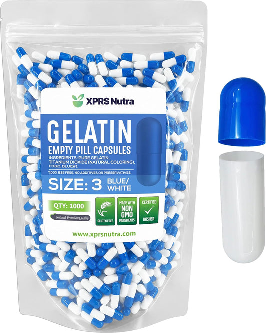 1000 Count XPRS Nutra Size 3 Empty Gelatin Capsules for DIY Capsule Filling - Blue/White Bovine Pill Caps