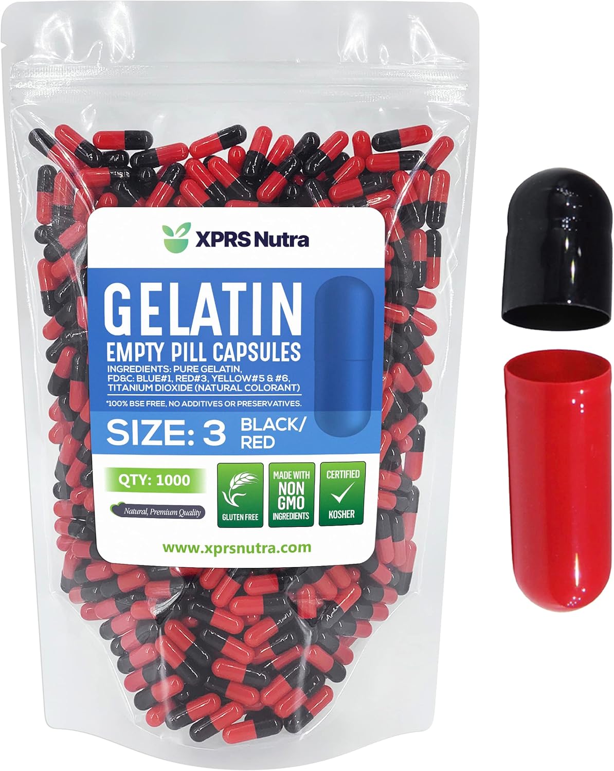 1000 Count XPRS Nutra Size 3 Empty Gelatin Capsules for DIY Capsule Filling - Pure Bovine Pill Capsules Empty Gel Caps (Black/Red)