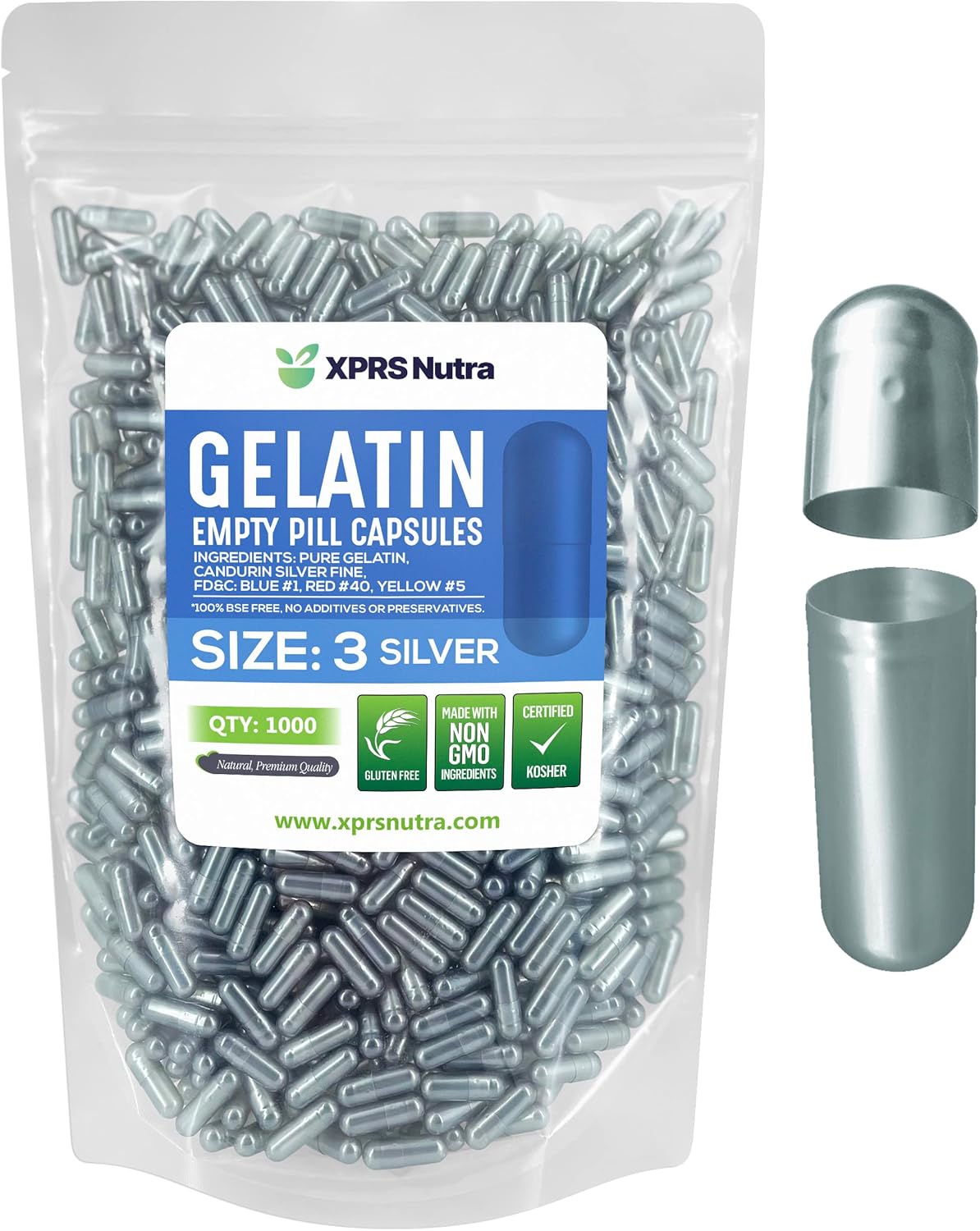 1000 Count XPRS Nutra Size 3 Empty Gelatin Capsules for DIY Capsule Filling - Pure Bovine Silver Pill Caps