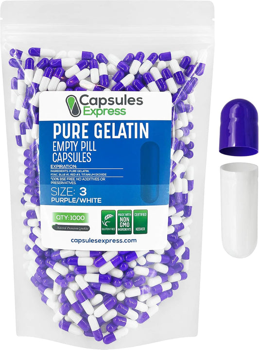 1000 Count XPRS Nutra Size 3 Empty Gelatin Capsules for DIY Capsule Filling - Bovine Pill Capsules Purple/White