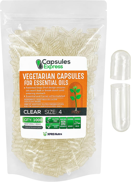1000 Count XPRS Nutra Size 4 Clear Vegan Capsules for Essential Oils - DIY Oil Filling - Empty Vegetable Capsules