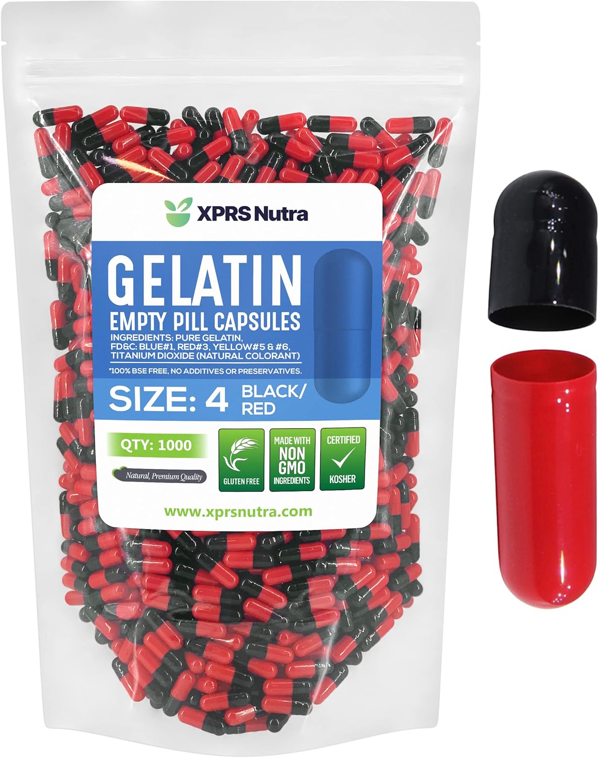 1000 Count XPRS Nutra Size 4 Empty Gelatin Capsules for DIY Capsule Filling - Pure Bovine Pill Capsules - Black/Red Empty Gel Caps