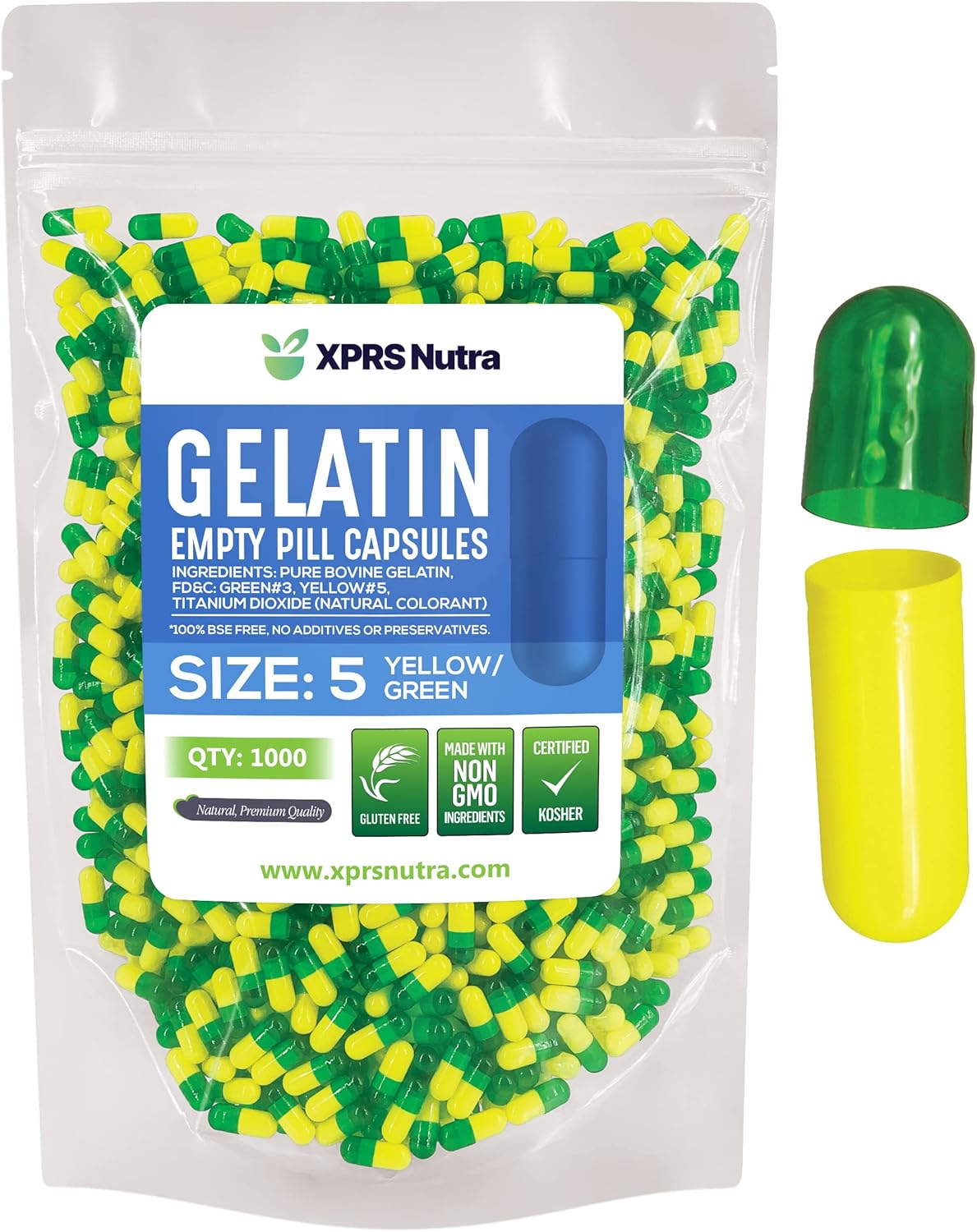1000 Count XPRS Nutra Size 5 Empty Gelatin Capsules for DIY Capsule Filling - Small Fillable Pill Capsules (Green/Yellow)
