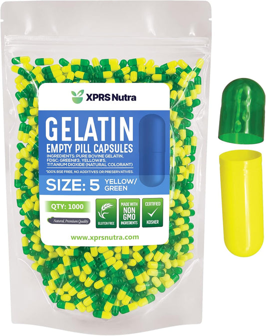 1000 Count XPRS Nutra Size 5 Empty Gelatin Capsules for DIY Capsule Filling - Small Fillable Pill Capsules (Green/Yellow)