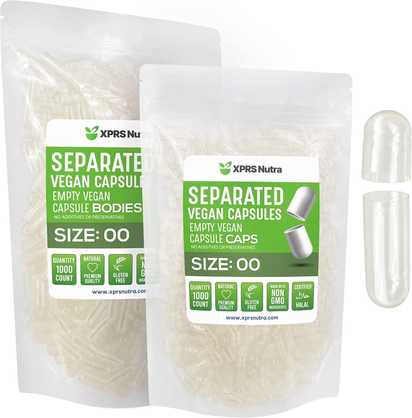 1000 Count XPRS Nutra Vegan Size 00 Empty Capsules Separated in Bags - Premium Clear Pill Capsules for DIY Supplement Filling