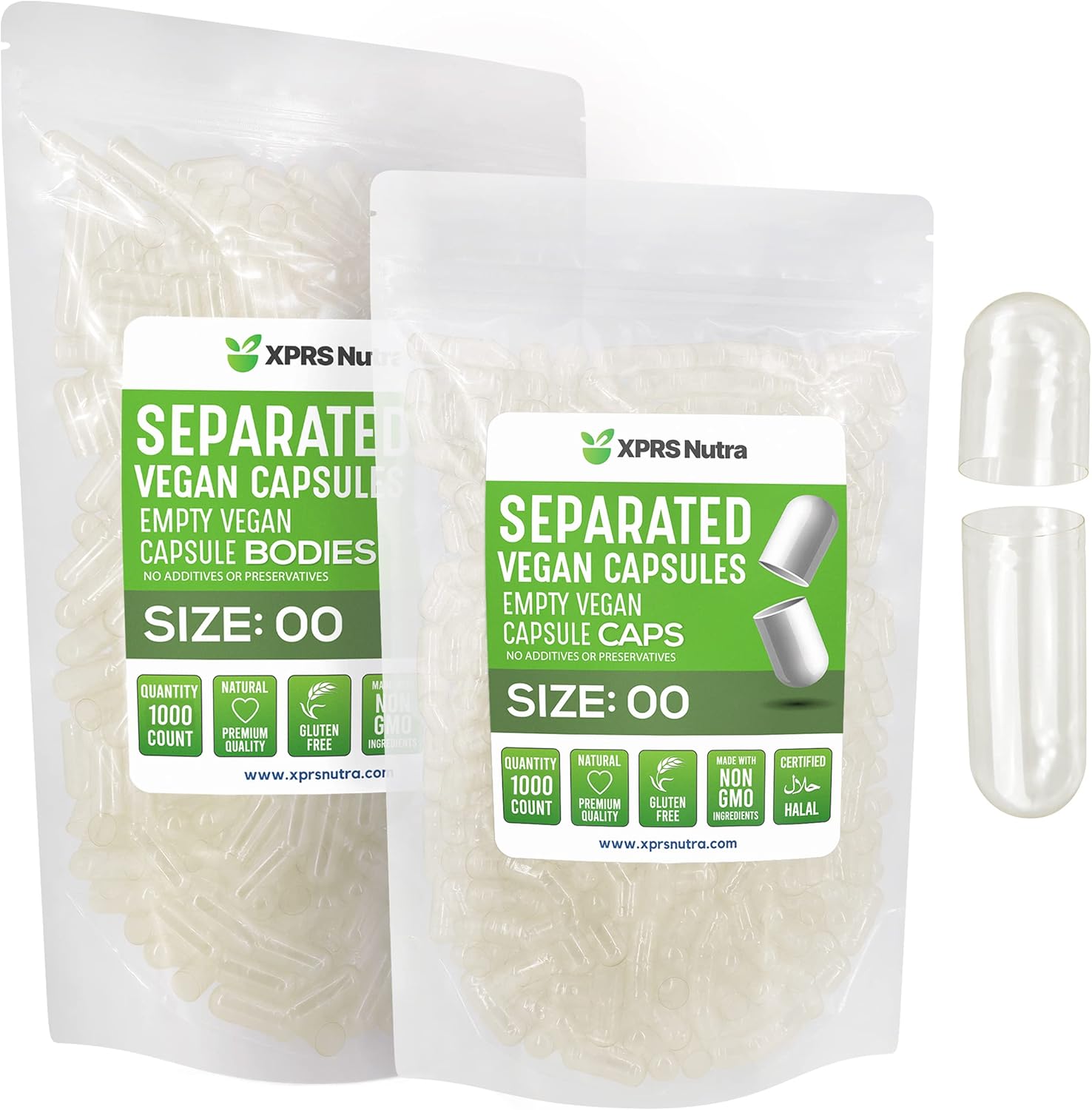 1000 Count XPRS Nutra Vegan Size 00 Empty Capsules Separated in Bags - Premium Clear Pill Capsules for DIY Supplement Filling