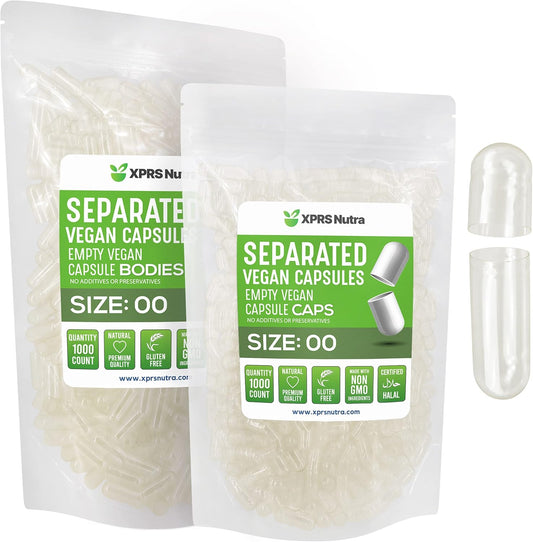 1000 Count XPRS Nutra Vegan Size 00 Empty Capsules Separated in Bags - Premium Clear Pill Capsules for DIY Supplement Filling